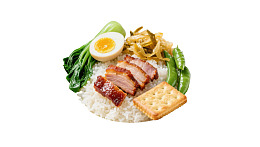 叉烧饭配青菜和卤蛋图片