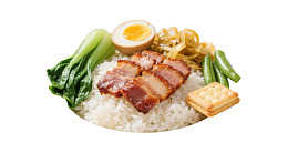 米饭配叉烧蛋青菜饼干