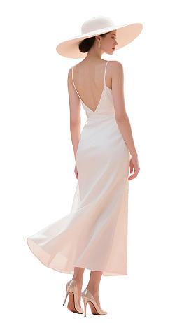 背影女子身着白色长裙与宽檐帽