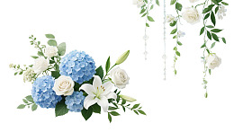 蓝白花束与垂吊花卉装饰