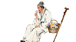 古装男子手捧花篮静坐