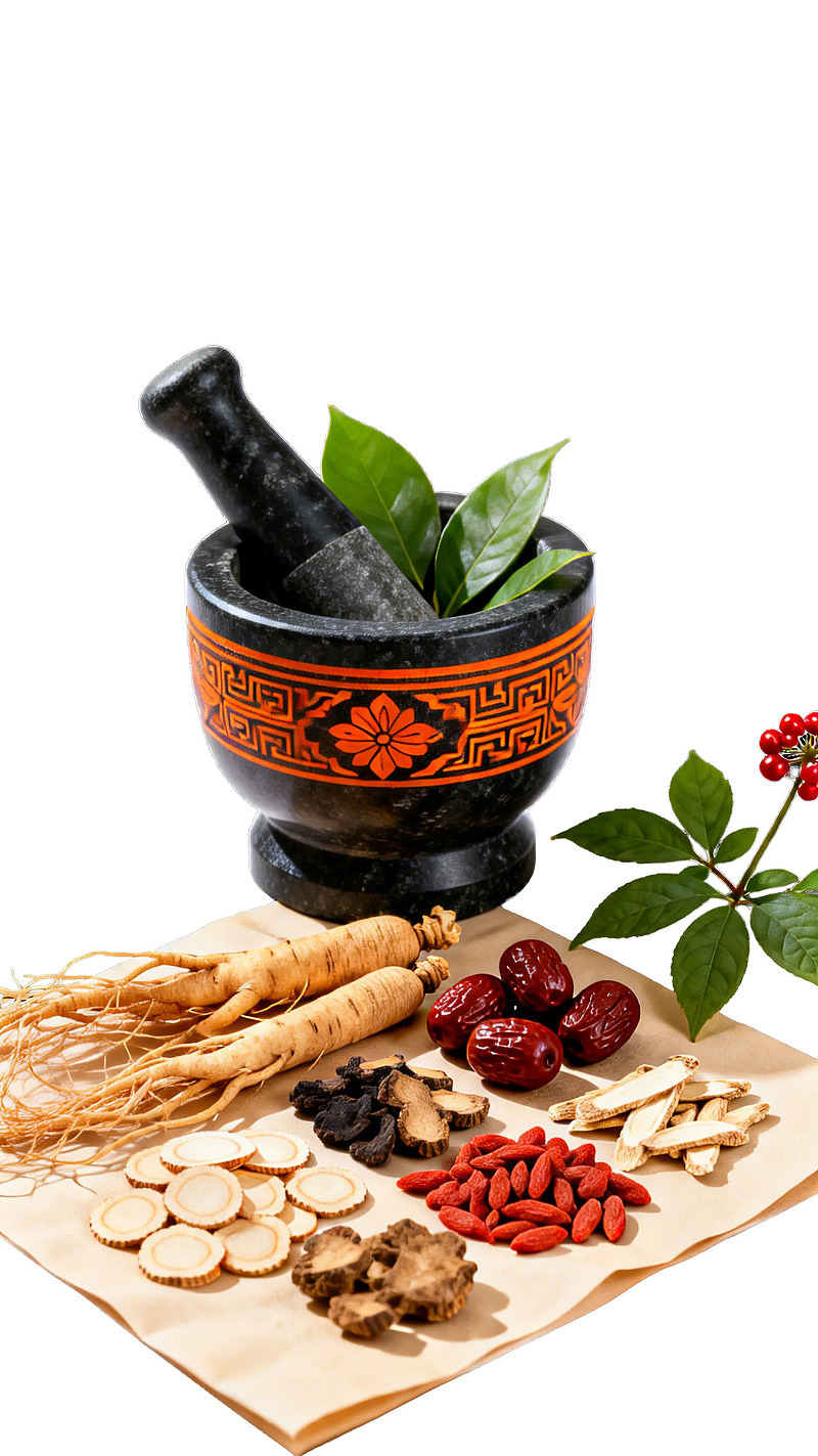 中药药材与研磨钵展示