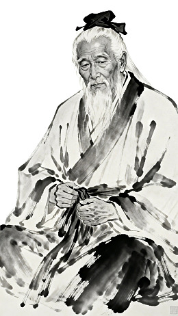 水墨画中白发长者端坐沉思