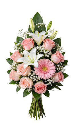 粉色玫瑰与白色百合花束