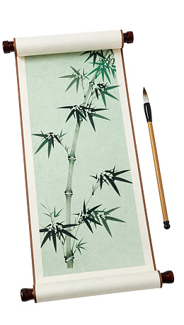 竹子水墨画卷轴与毛笔