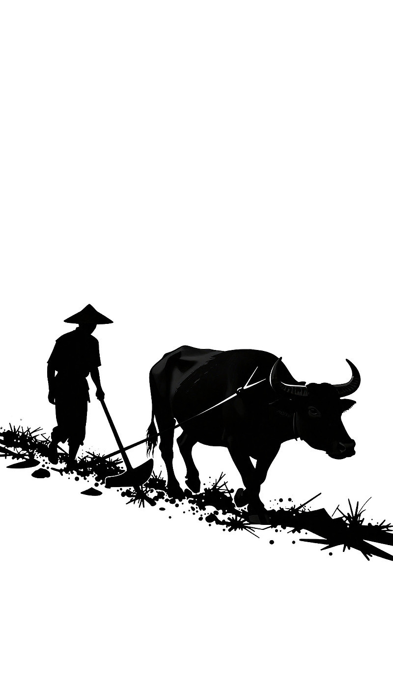 农夫与水牛犁田劳作场景