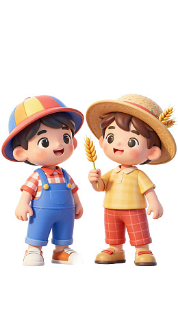 两个卡通男孩手持麦穗
