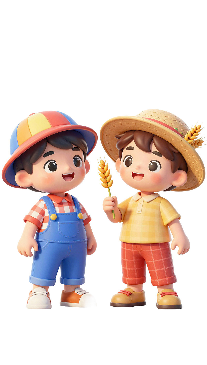 两个卡通男孩手持麦穗