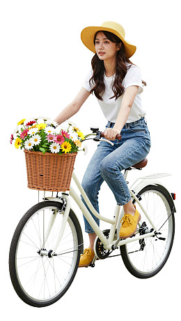 戴帽女子骑花篮自行车