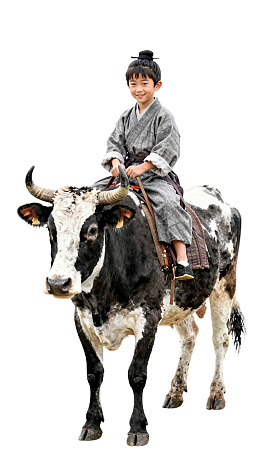 孩童骑牛复古场景图片