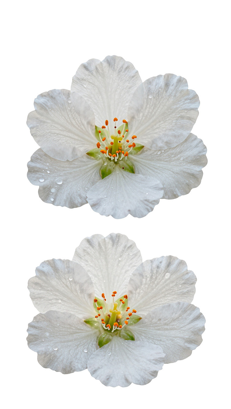 两朵白色花瓣带露珠的花朵
