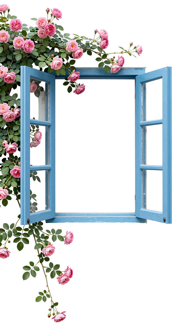 蓝色窗框旁的粉色玫瑰花