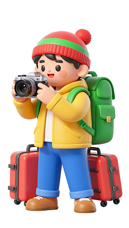 卡通男孩背包旅行拍照