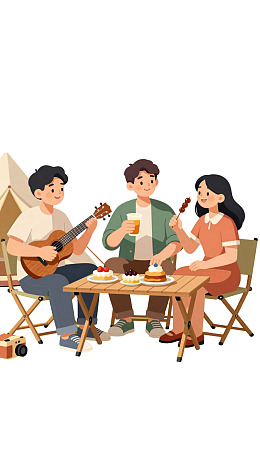 三人露营聚餐弹唱欢乐时光