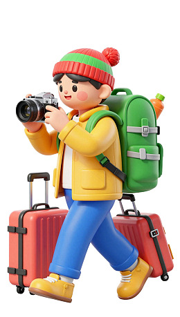 卡通人物携相机行李箱旅行