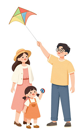 一家三口放风筝的温馨场景