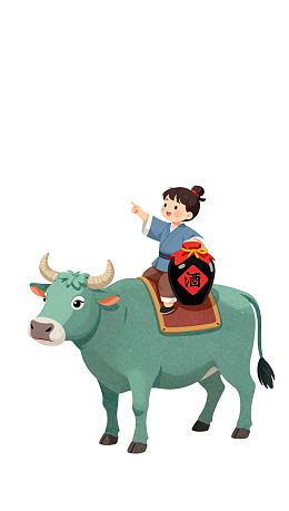 卡通女孩骑青牛指远方