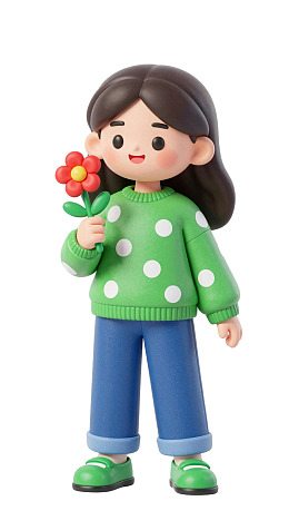 卡通女孩手持红花微笑站立