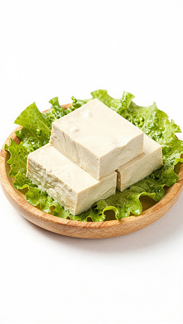 豆腐块置于生菜叶上图片
