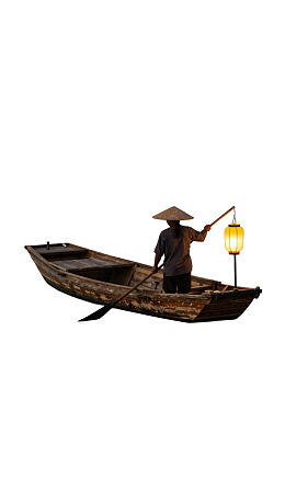 渔夫撑船持灯夜行图片