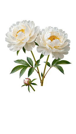 两朵白色牡丹花与花蕾