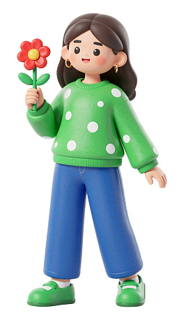 卡通女孩手持红花站立