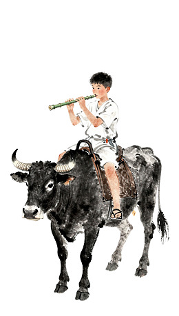 牧童骑牛吹笛水彩画图片