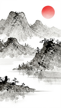 水墨山水画日落景象图片