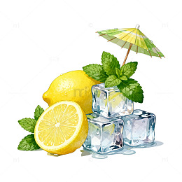 清爽柠檬冰块插画