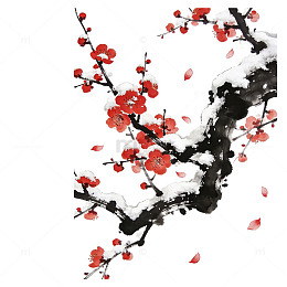 雪中双色梅枝停栖两只喜鹊国画元素