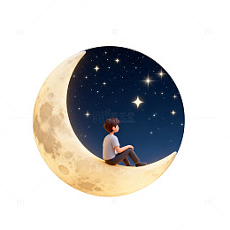 梦幻月亮男孩插画