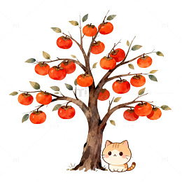 水彩苹果树与小猫插画