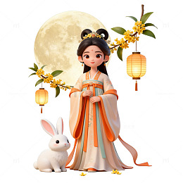 古风中秋节嫦娥玉兔灯笼插画