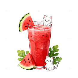 水彩西瓜汁猫咪插画