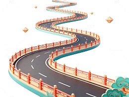 蜿蜒路桥古风插画设计素材