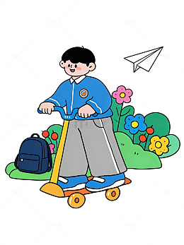 春日插画素材卡通少年滑板场景