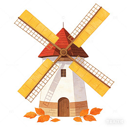 秋日风车与落叶插画