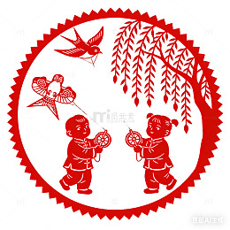 传统中国风儿童放风筝剪纸