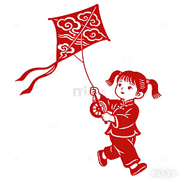 中国传统剪纸小女孩放风筝