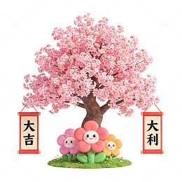 樱花树与卡通花朵装饰