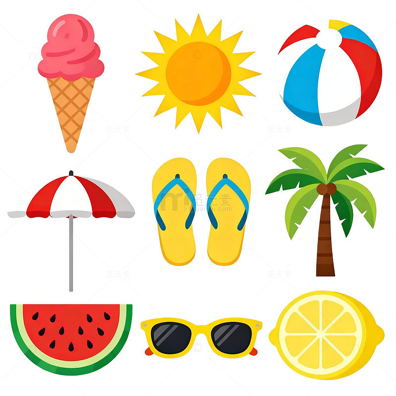 夏日海滩元素卡通插画设计素材