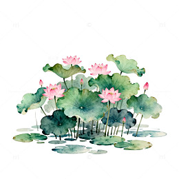 水彩荷花池风光水墨画