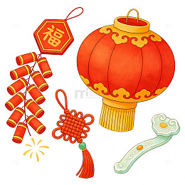 水彩中国风新年元素插画