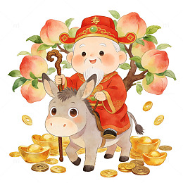 喜庆卡通财神骑驴送福图