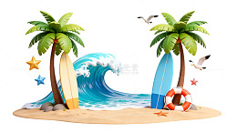 热带海滩冲浪场景插画