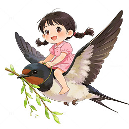 卡通小女孩与燕子插画