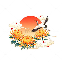 传统风格仙鹤菊花日落插画