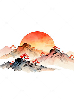 水墨山水画日落风光插画