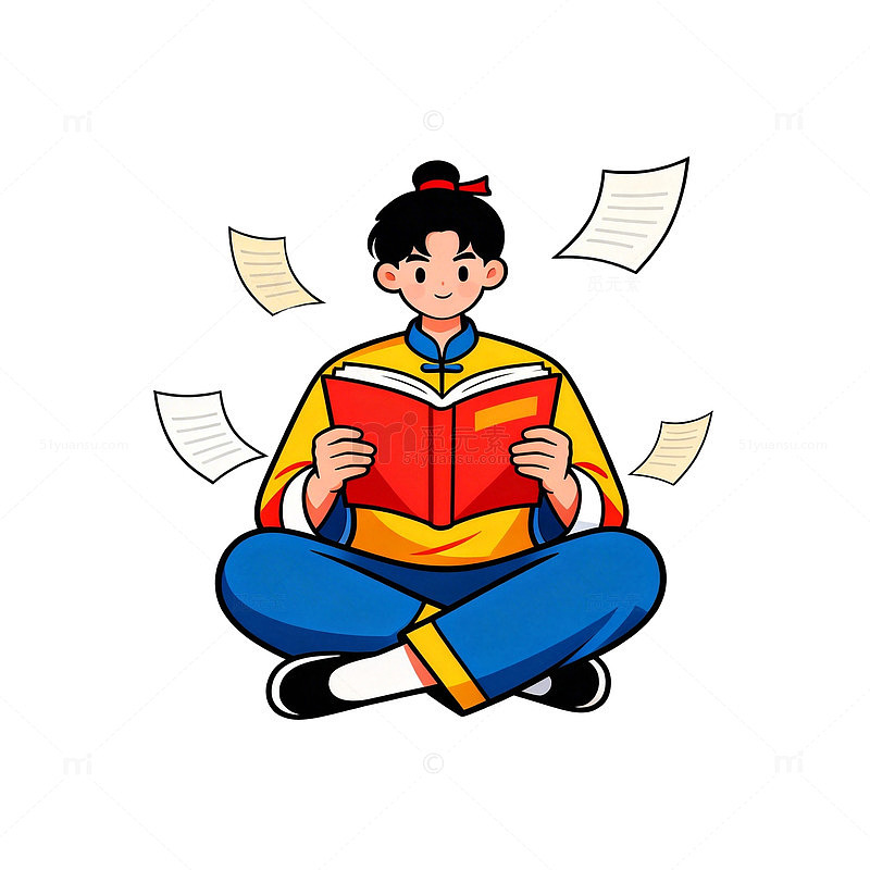 卡通学生阅读学习插画
