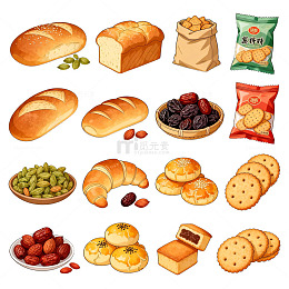 手绘风格面包零食插画设计素材
